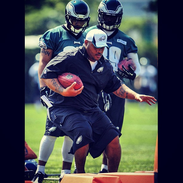 RBs Coach Duce Staley showing off his skills.