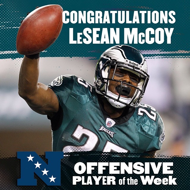 Congrats, SHADY! LeSean McCoy earned his 2nd career NFC Offensive Player of Week Award following a stellar #SNF.