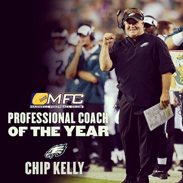 On his one year anniversary, Maxwell Football Club named Chip Kelly the Coach of the Year.