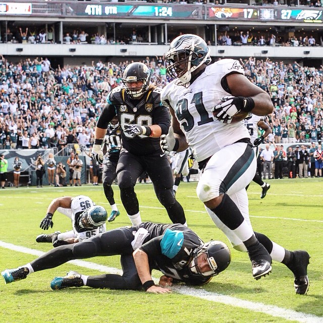 For the first time in his career, Fletcher Cox thunders into the end zone.